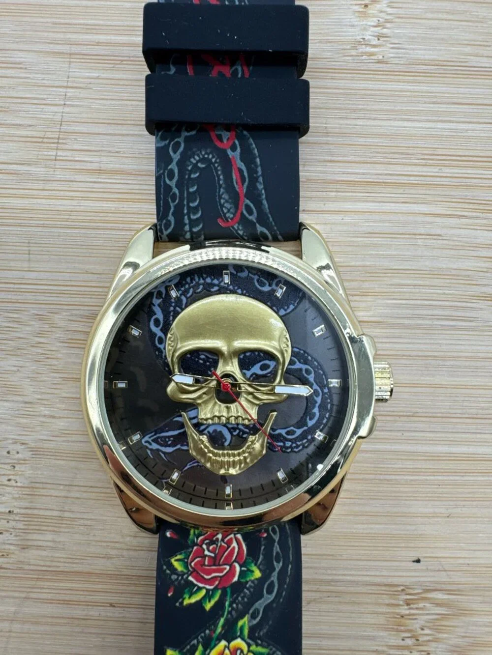 ED HARDY Skull Men's Quartz Movement Gold/Multicolor Print Analog Watch (2)